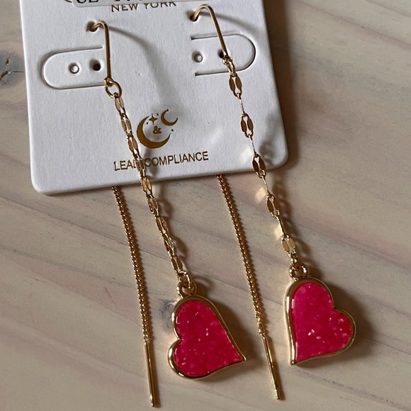 Jewelry - Hot Pink Druzy Heart Threader Earrings for Women, Sparkly Gold Long Chain Dangle